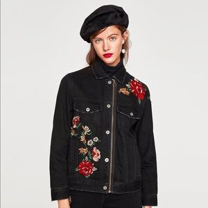Zara oversized embroidered black denim jacket